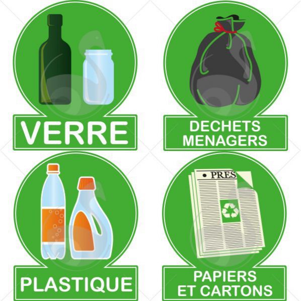 lot 4 autocollant recyclage verre plastique papier dechets mangers